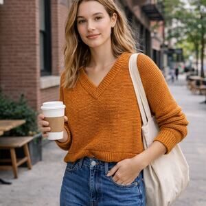 Madewell Arden Crop V-Neck Pullover Sweater Golden Pecan Brown XXS Cottagecore